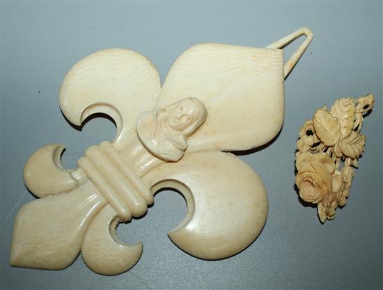 Dieppe ivory fleur de lys & rose brooch by Louis Souiblard